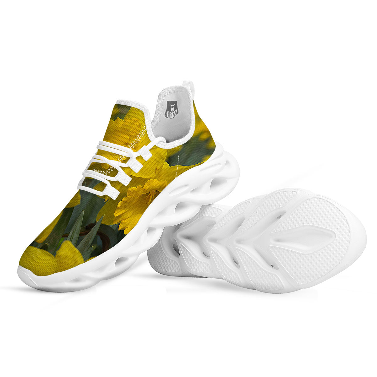 Flower Daffodil Yellow Print White Running Shoes-grizzshop