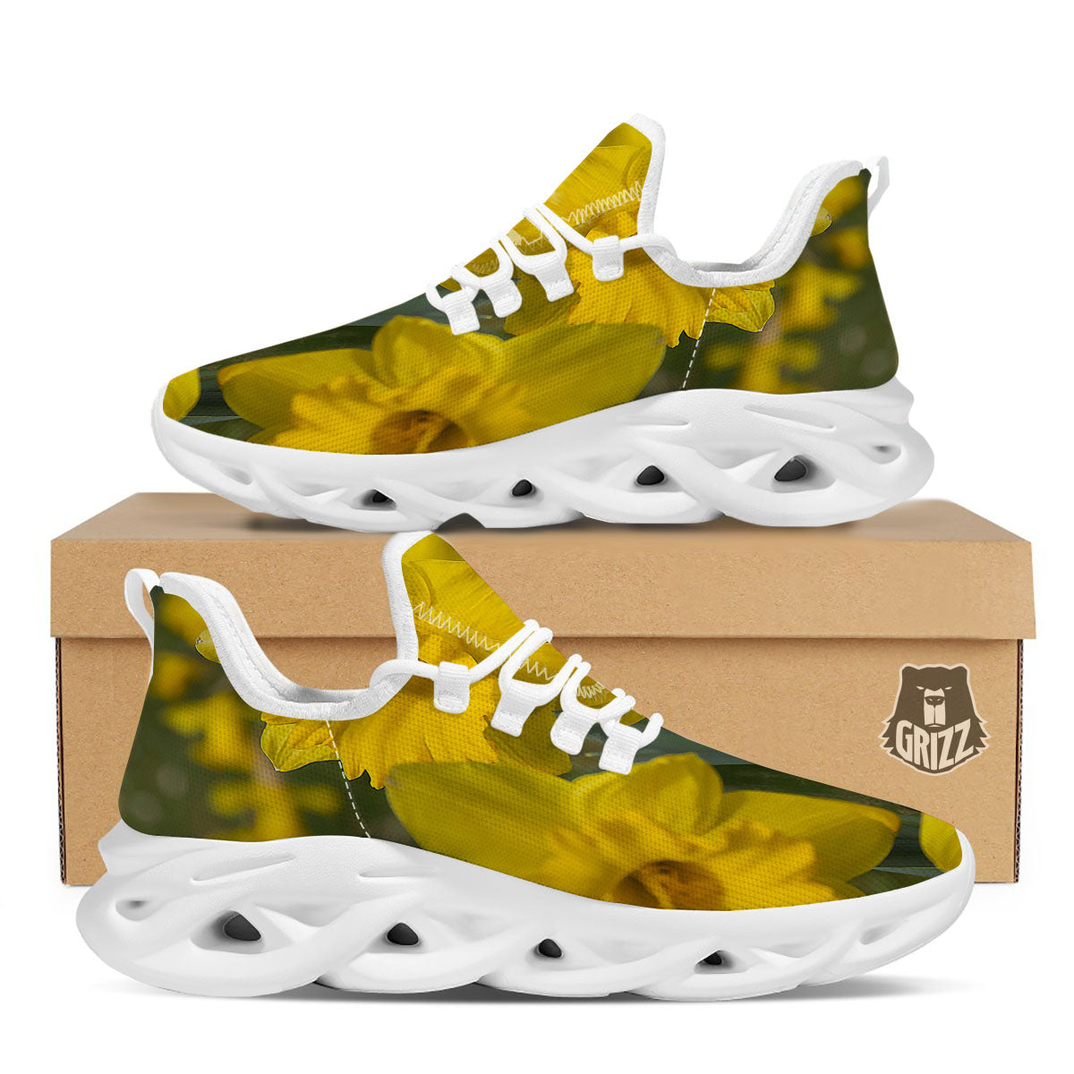 Flower Daffodil Yellow Print White Running Shoes-grizzshop