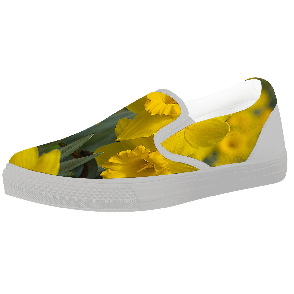 Flower Daffodil Yellow Print White Slip On Shoes-grizzshop