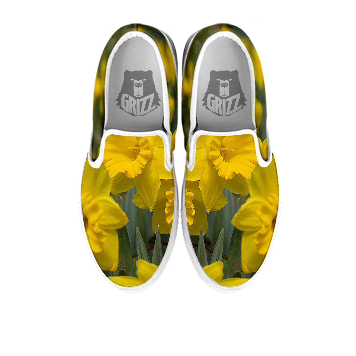 Flower Daffodil Yellow Print White Slip On Shoes-grizzshop