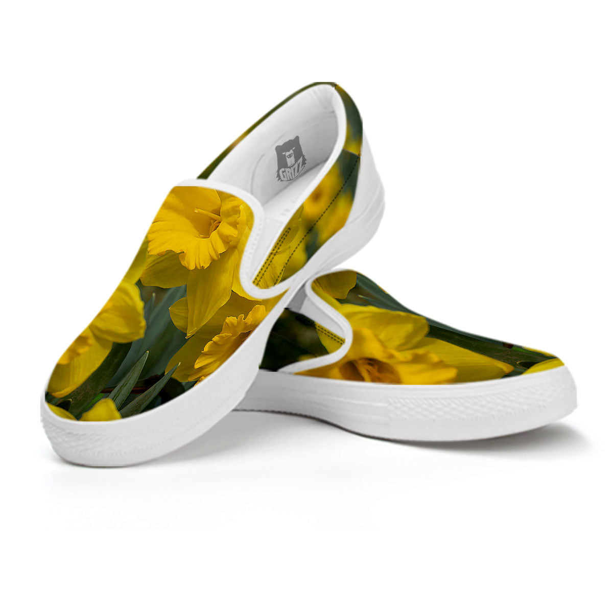 Flower Daffodil Yellow Print White Slip On Shoes-grizzshop