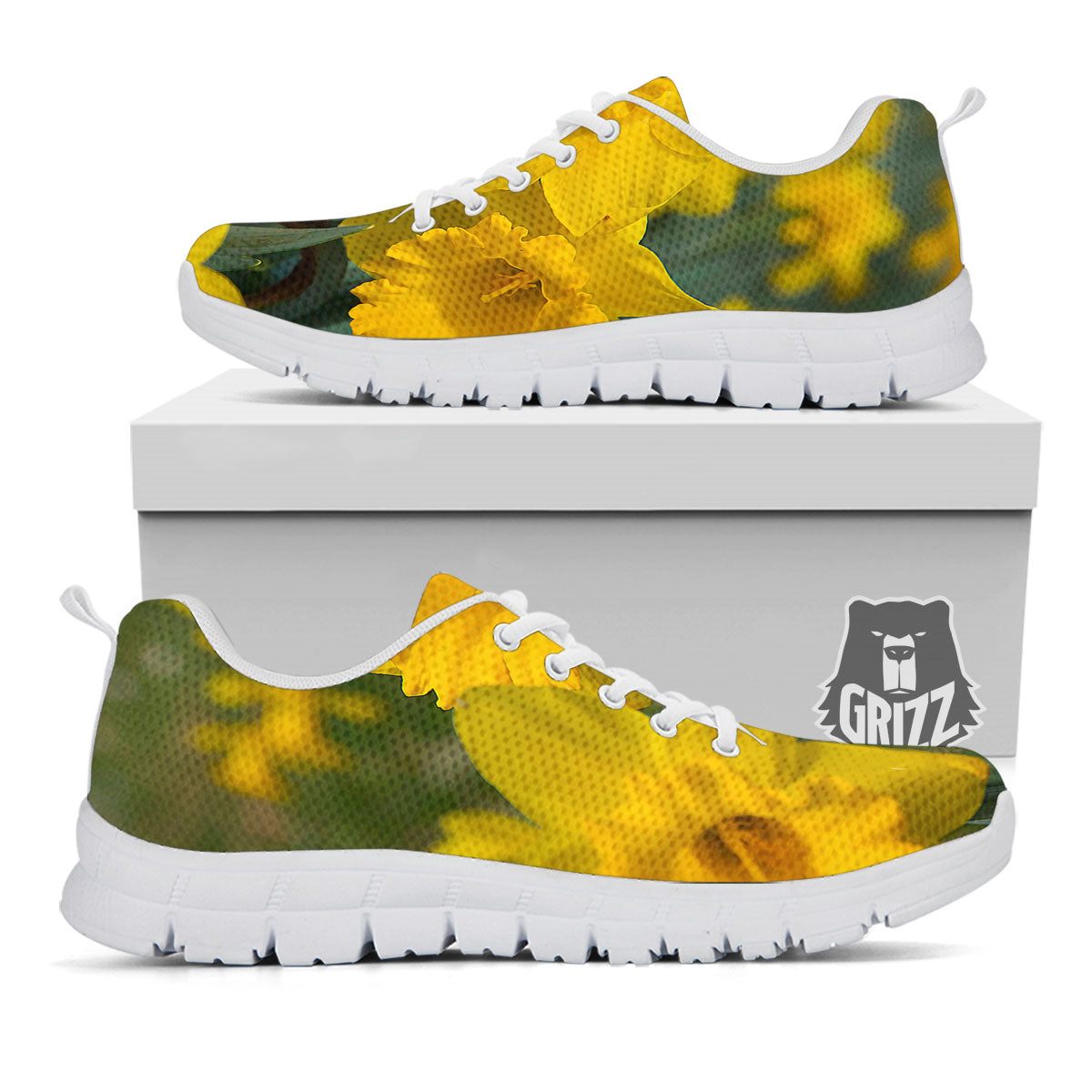 Flower Daffodil Yellow Print White Sneaker-grizzshop