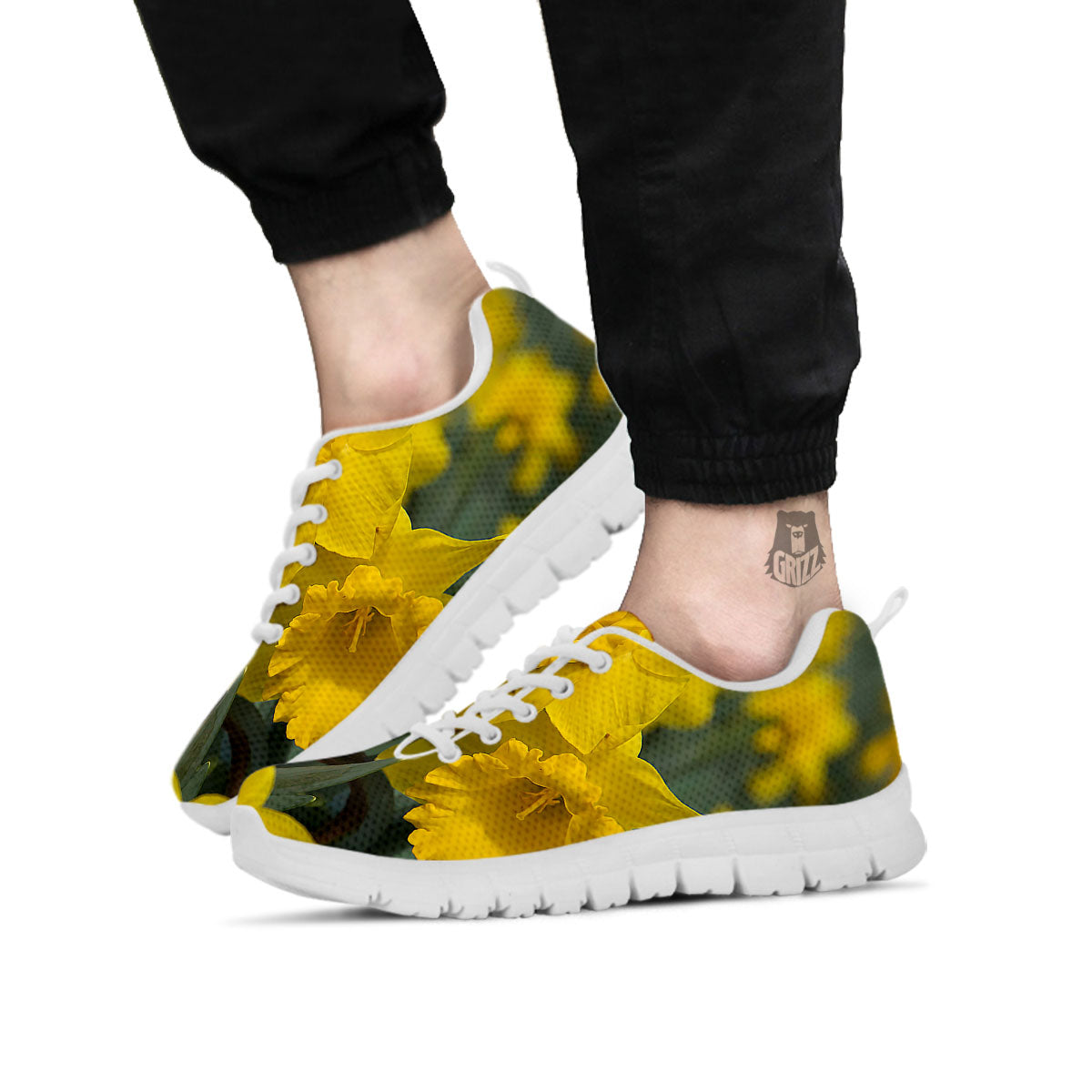 Flower Daffodil Yellow Print White Sneaker-grizzshop