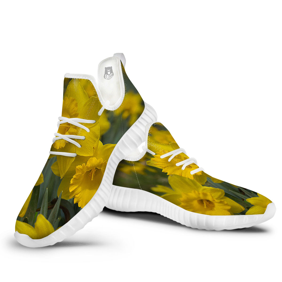 Flower Daffodil Yellow Print White Walking Shoes-grizzshop