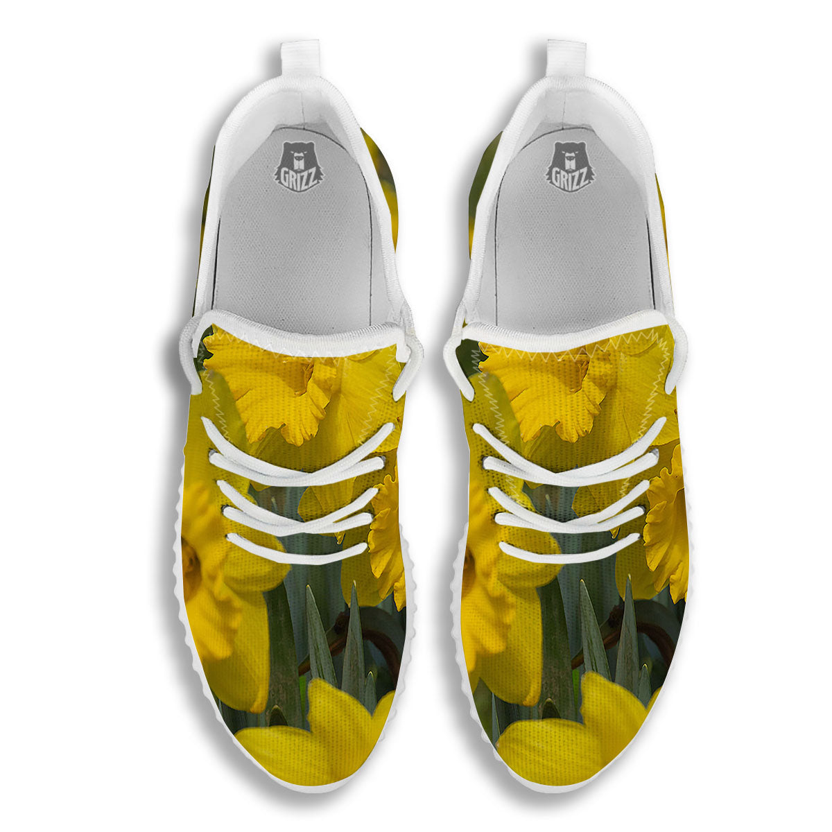 Flower Daffodil Yellow Print White Walking Shoes-grizzshop