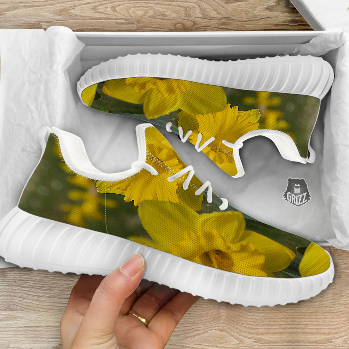 Flower Daffodil Yellow Print White Walking Shoes-grizzshop
