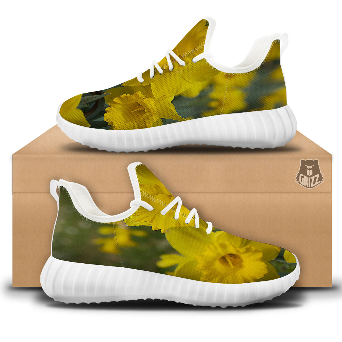 Flower Daffodil Yellow Print White Walking Shoes-grizzshop