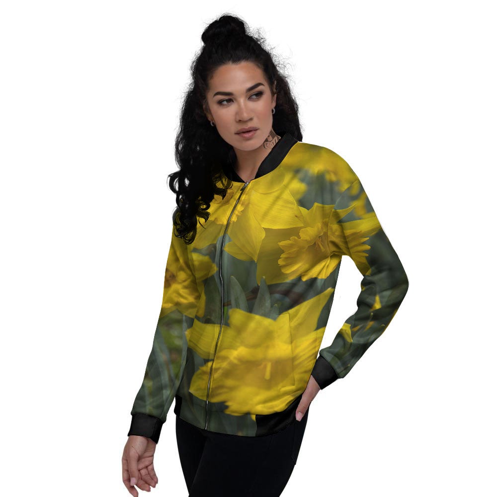 Flower Daffodil Yellow Print Women's Bomber Jacket-grizzshop
