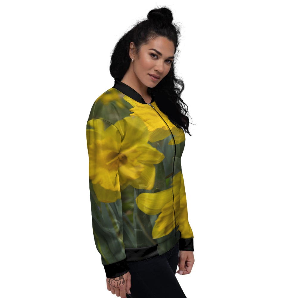 Flower Daffodil Yellow Print Women's Bomber Jacket-grizzshop