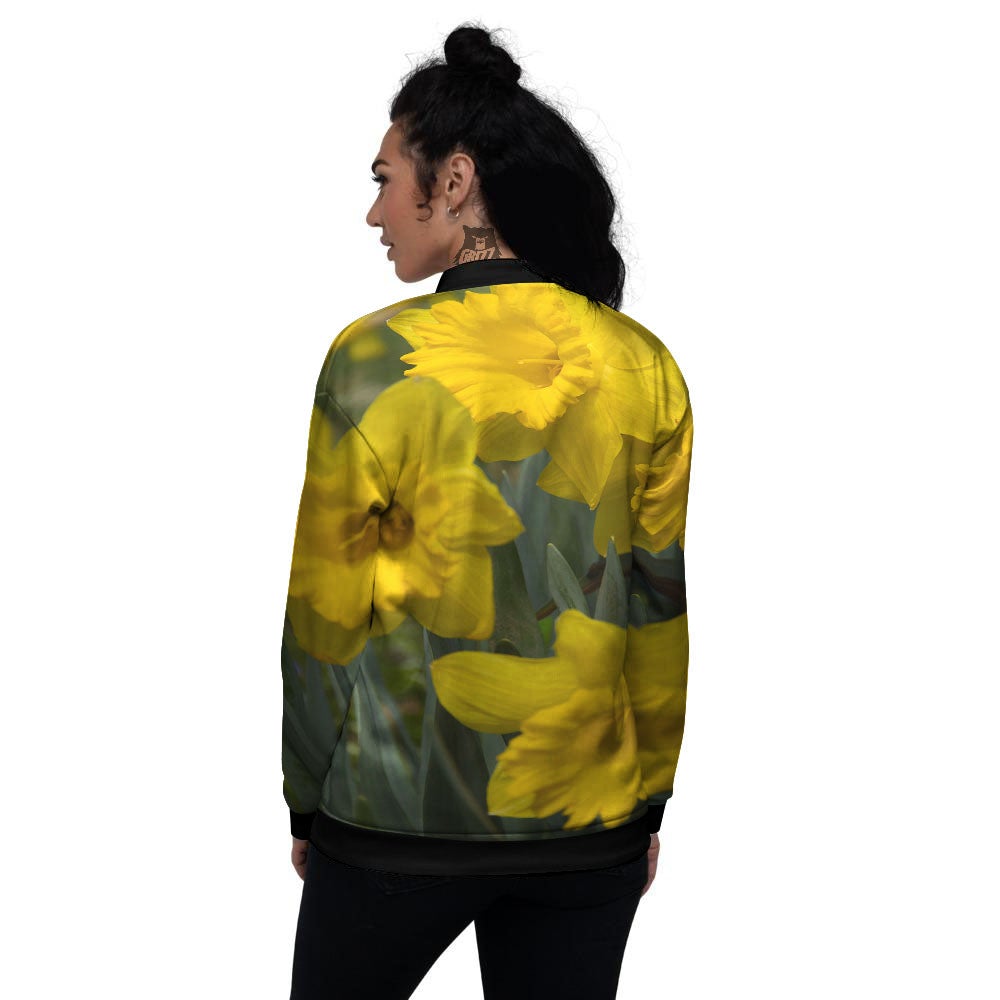 Flower Daffodil Yellow Print Women's Bomber Jacket-grizzshop