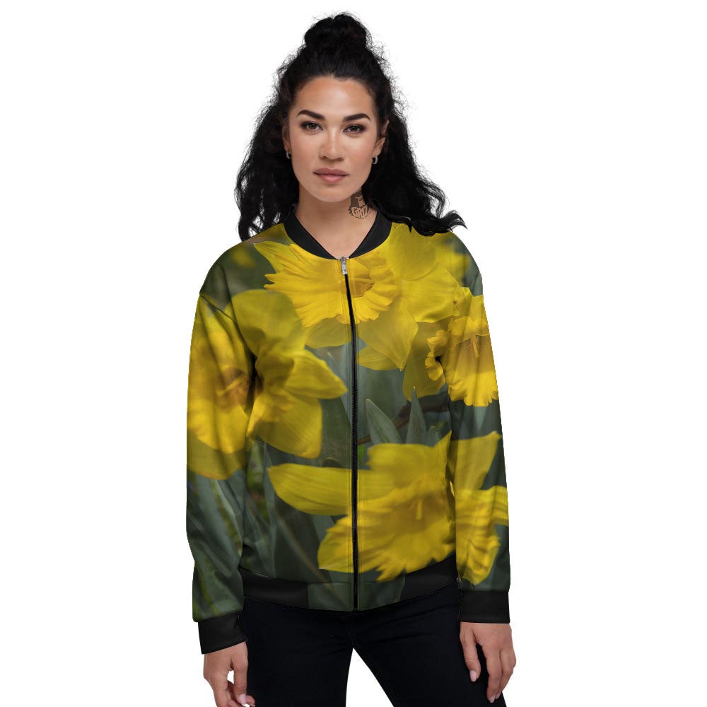 Flower Daffodil Yellow Print Women's Bomber Jacket-grizzshop