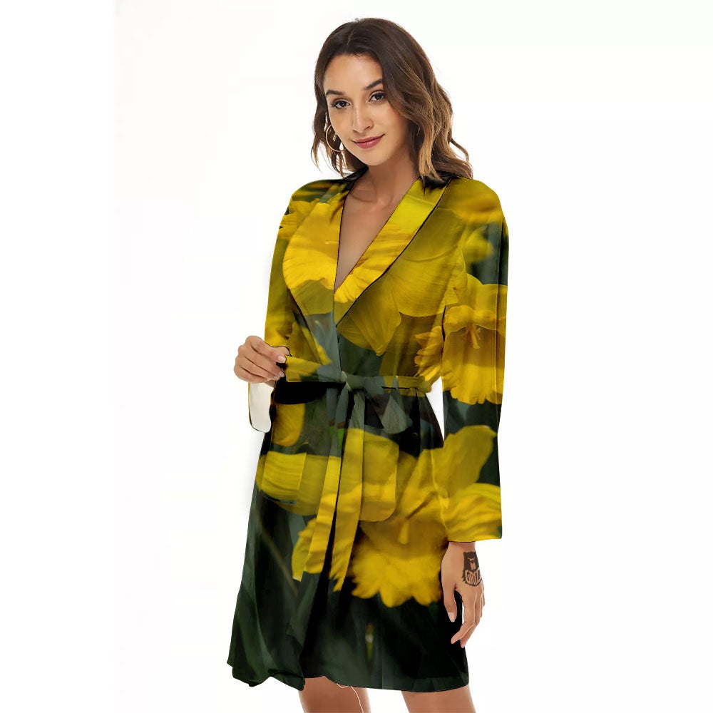 Flower Daffodil Yellow Print Women's Robe-grizzshop