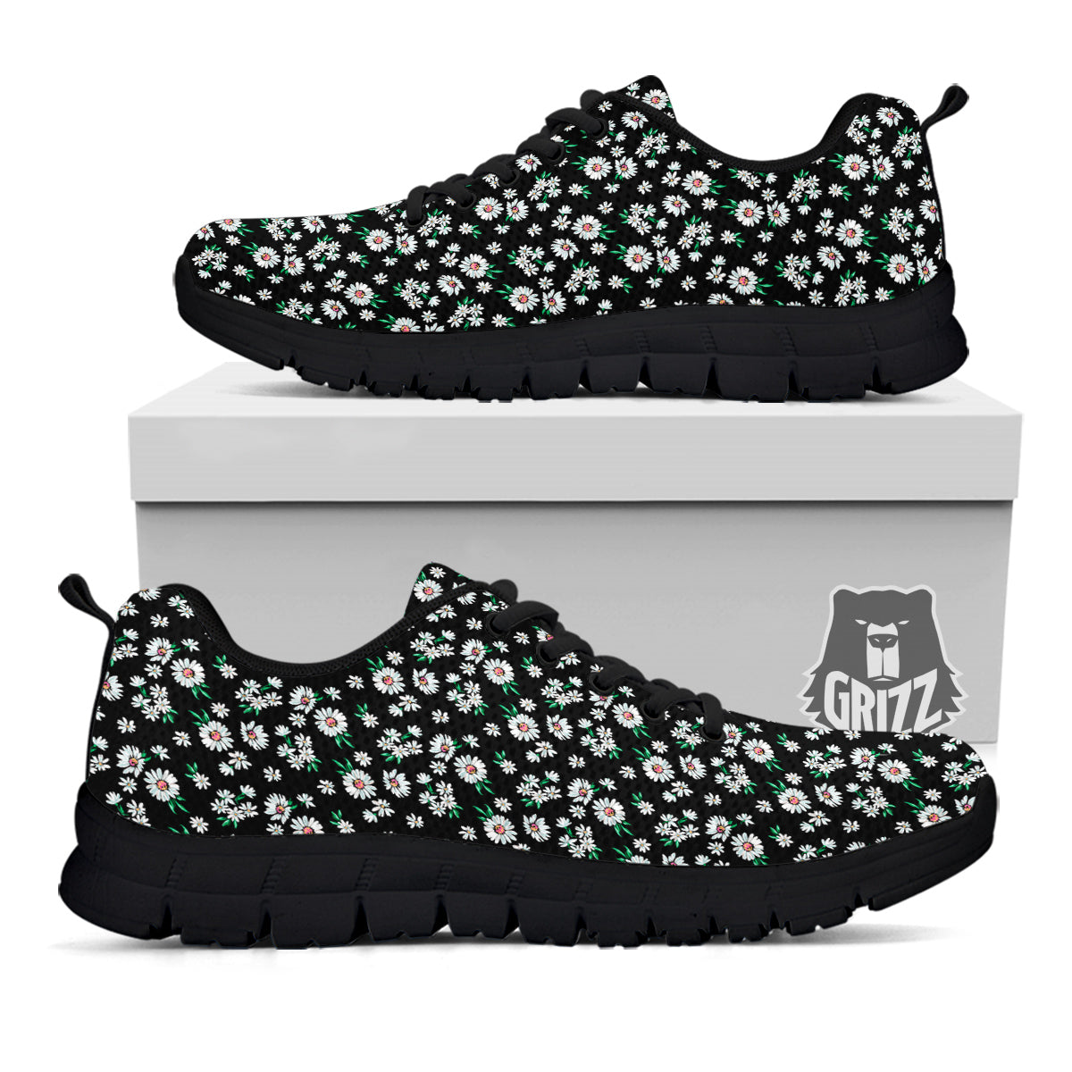 Flower Daisy Print Pattern Black Sneaker-grizzshop