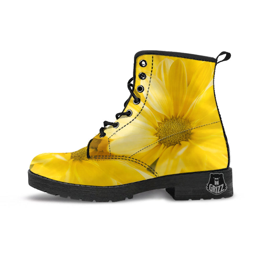Flower Daisy Yellow Print Leather Boots-grizzshop