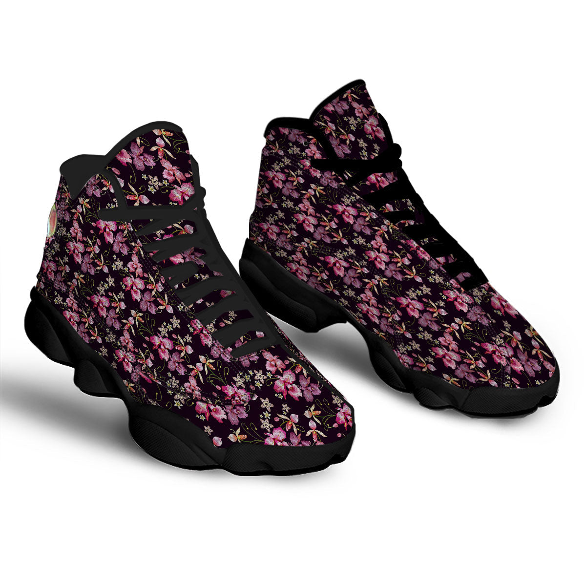 Flower Embroidery Orchid Print Pattern Black Basketball Shoes-grizzshop