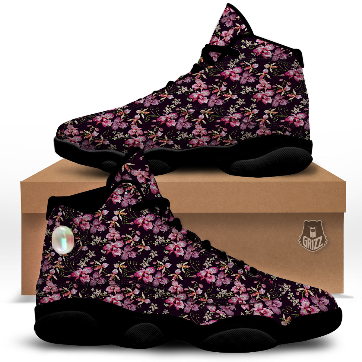 Flower Embroidery Orchid Print Pattern Black Basketball Shoes-grizzshop