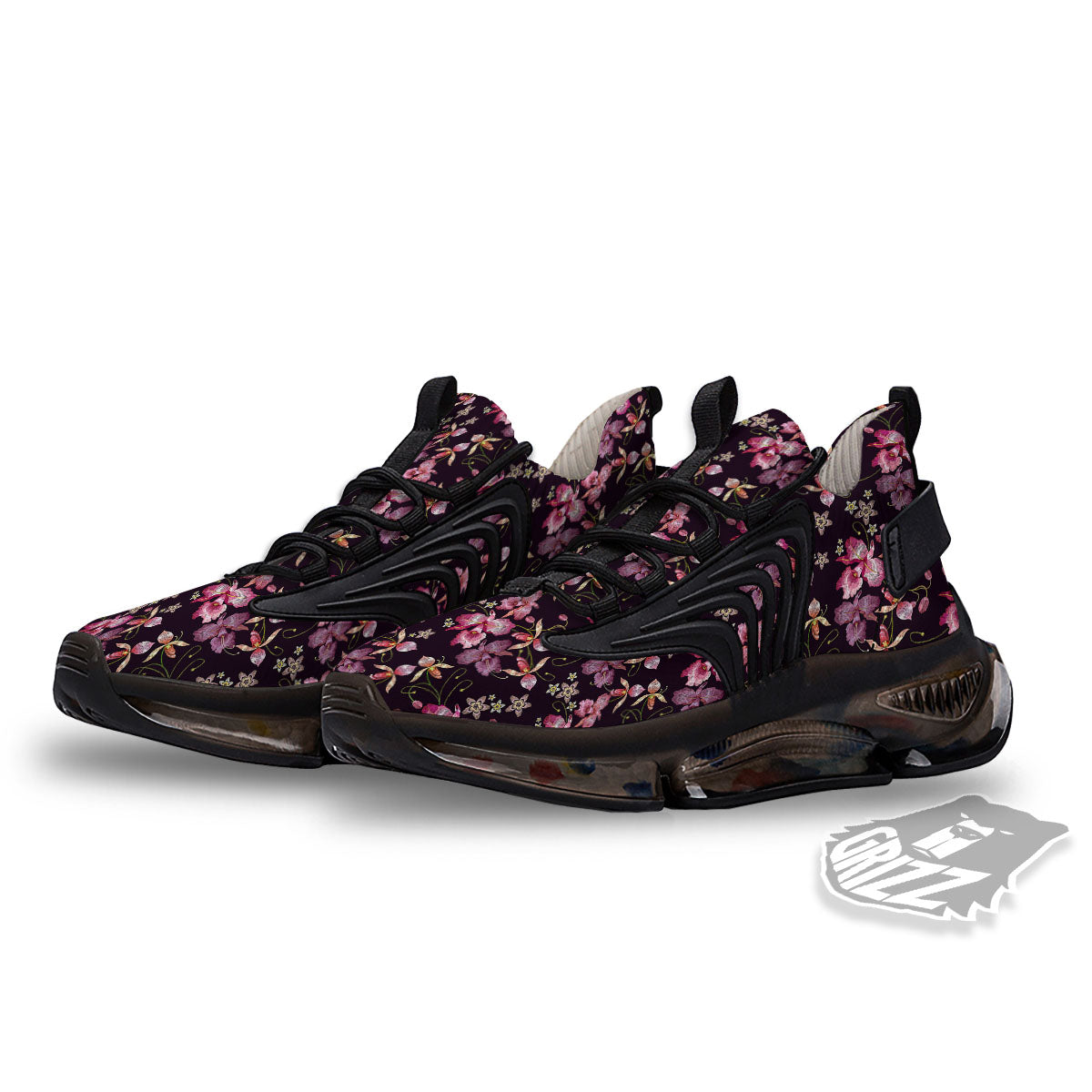 Flower Embroidery Orchid Print Pattern Black Gym Shoes-grizzshop