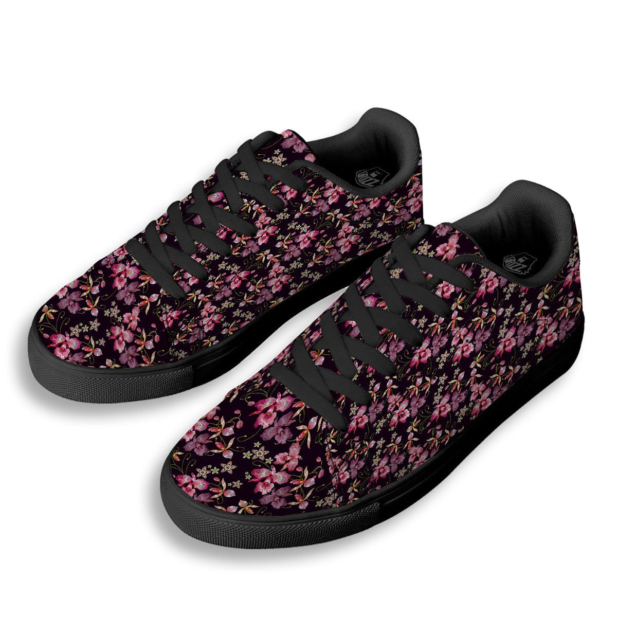 Flower Embroidery Orchid Print Pattern Black Low Top Sneakers-grizzshop