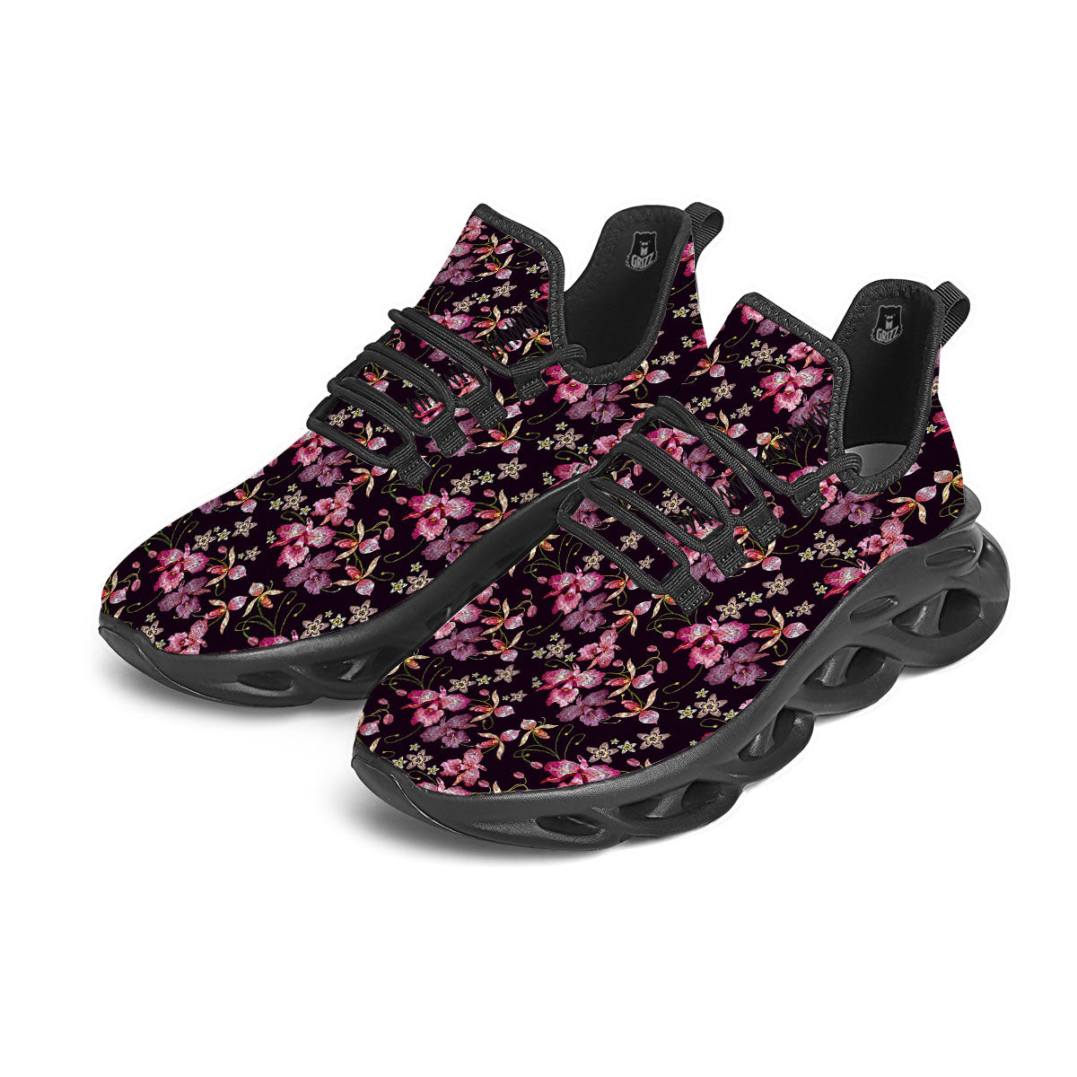 Flower Embroidery Orchid Print Pattern Black Running Shoes-grizzshop