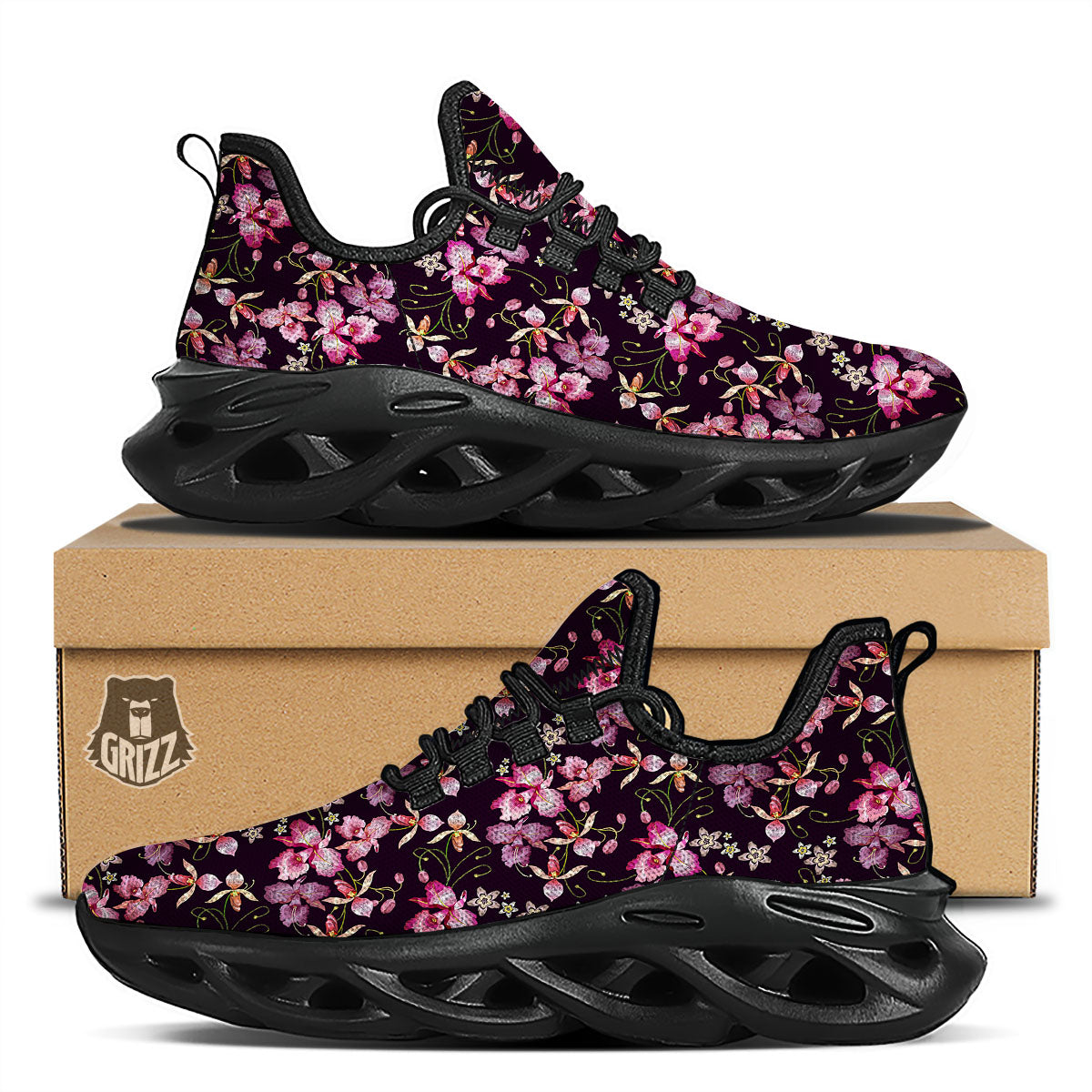 Flower Embroidery Orchid Print Pattern Black Running Shoes-grizzshop