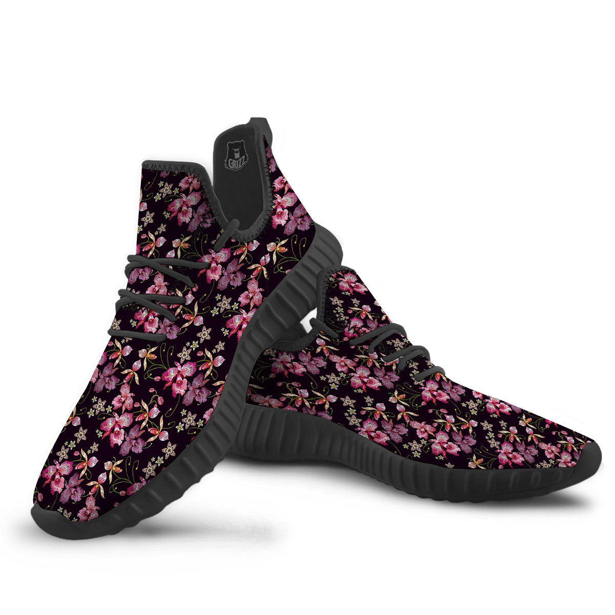 Flower Embroidery Orchid Print Pattern Black Walking Shoes-grizzshop