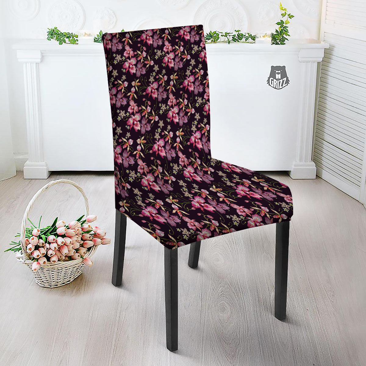 Flower Embroidery Orchid Print Pattern Dining Chair Slipcover-grizzshop