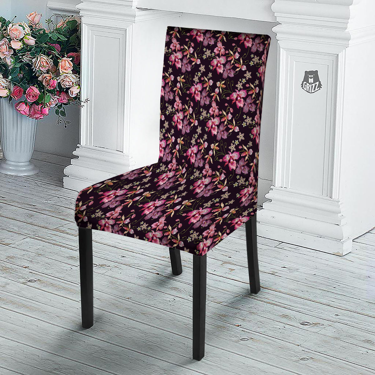 Flower Embroidery Orchid Print Pattern Dining Chair Slipcover-grizzshop