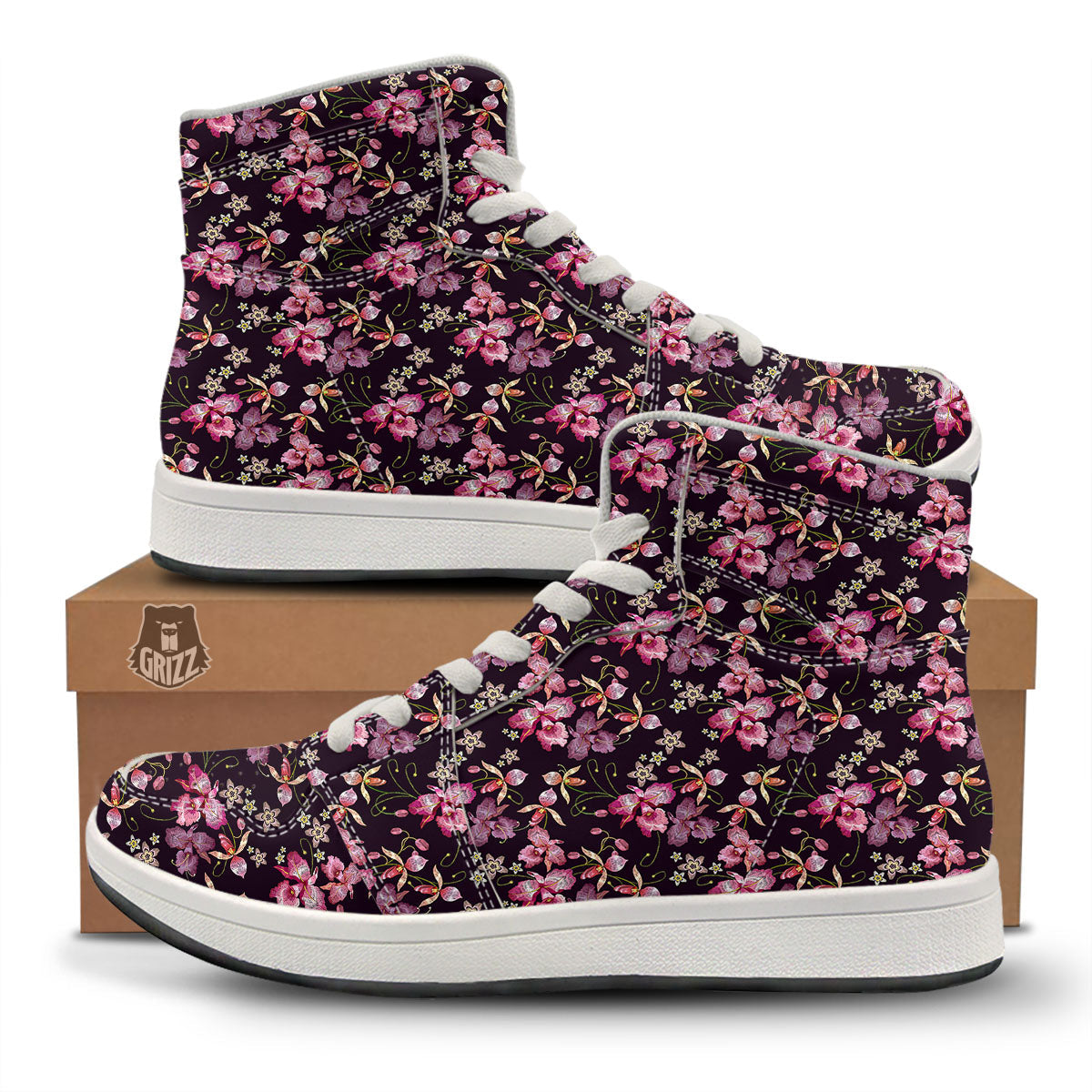Flower Embroidery Orchid Print Pattern High Top Sneakers-grizzshop