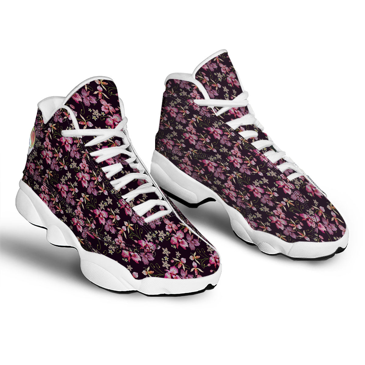Flower Embroidery Orchid Print Pattern White Basketball Shoes-grizzshop