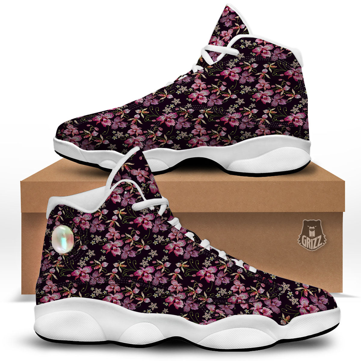 Flower Embroidery Orchid Print Pattern White Basketball Shoes-grizzshop