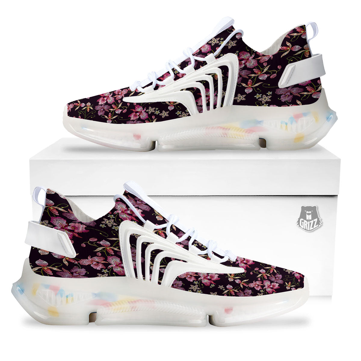 Flower Embroidery Orchid Print Pattern White Gym Shoes-grizzshop
