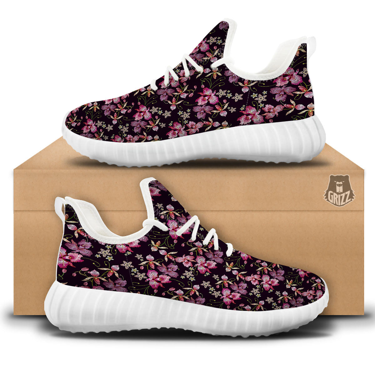 Flower Embroidery Orchid Print Pattern White Walking Shoes-grizzshop