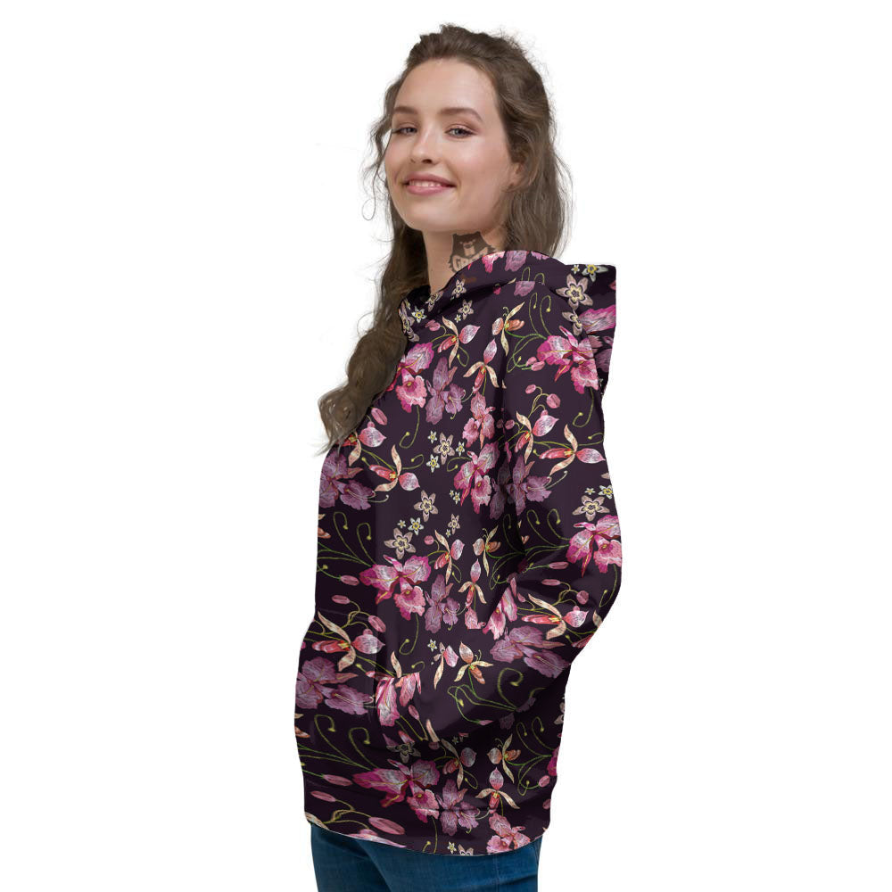 Flower Embroidery Orchid Print Pattern Women's Hoodie-grizzshop