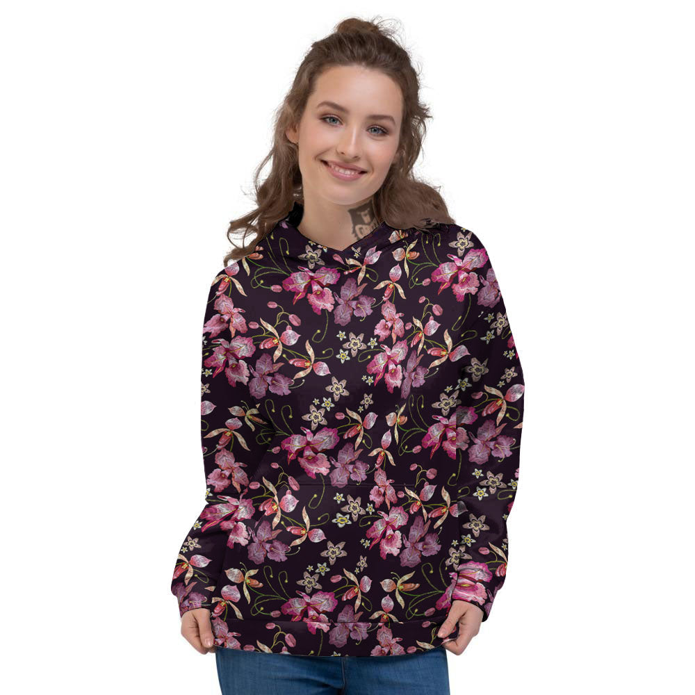Flower Embroidery Orchid Print Pattern Women's Hoodie-grizzshop