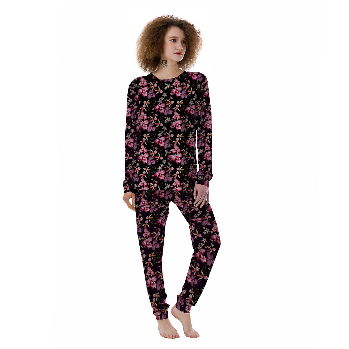 Flower Embroidery Orchid Print Pattern Women's Pajamas-grizzshop