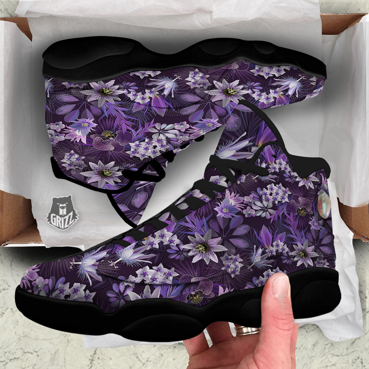 Flower Floral Purple Print Pattern Black Basketball Shoes-grizzshop
