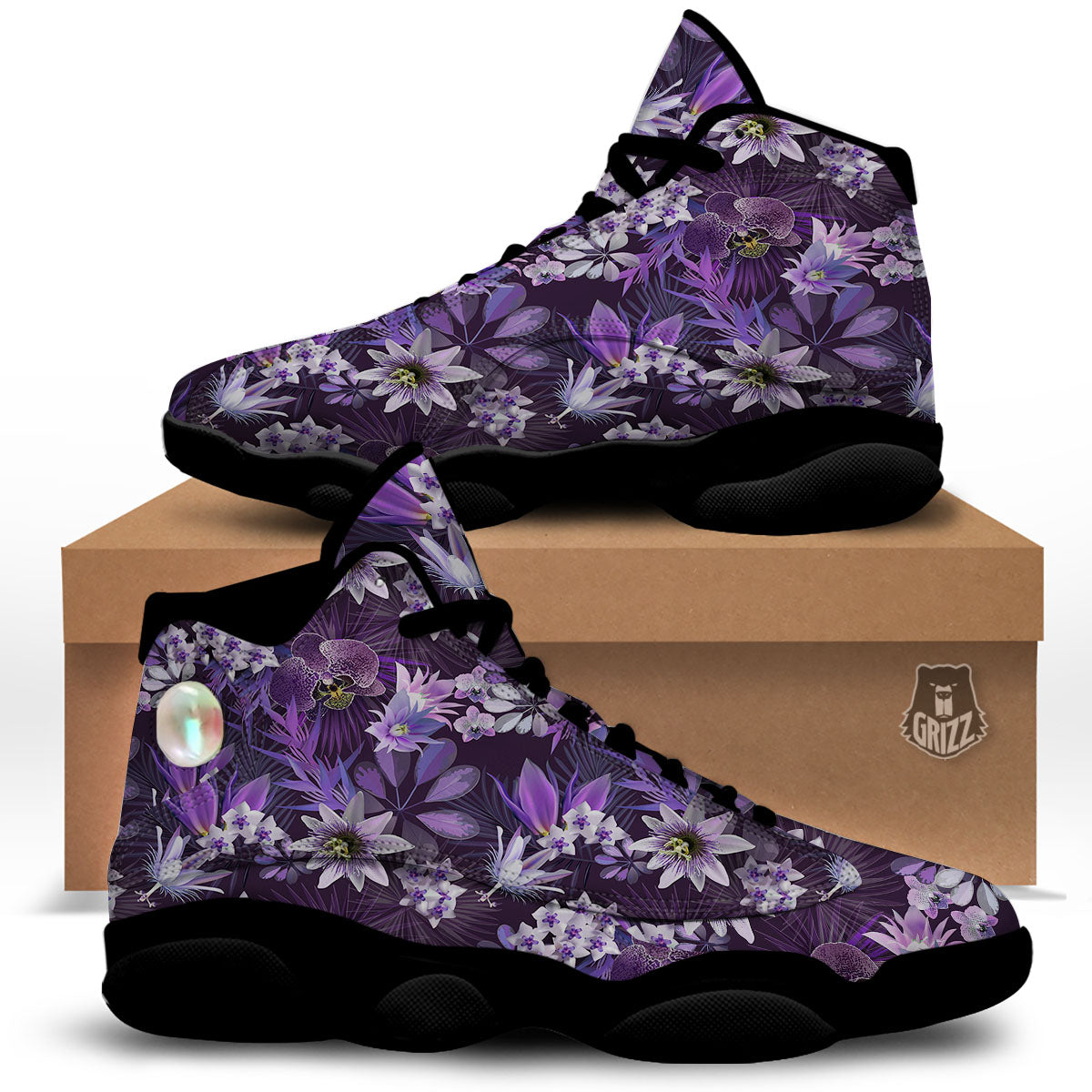 Flower Floral Purple Print Pattern Black Basketball Shoes-grizzshop