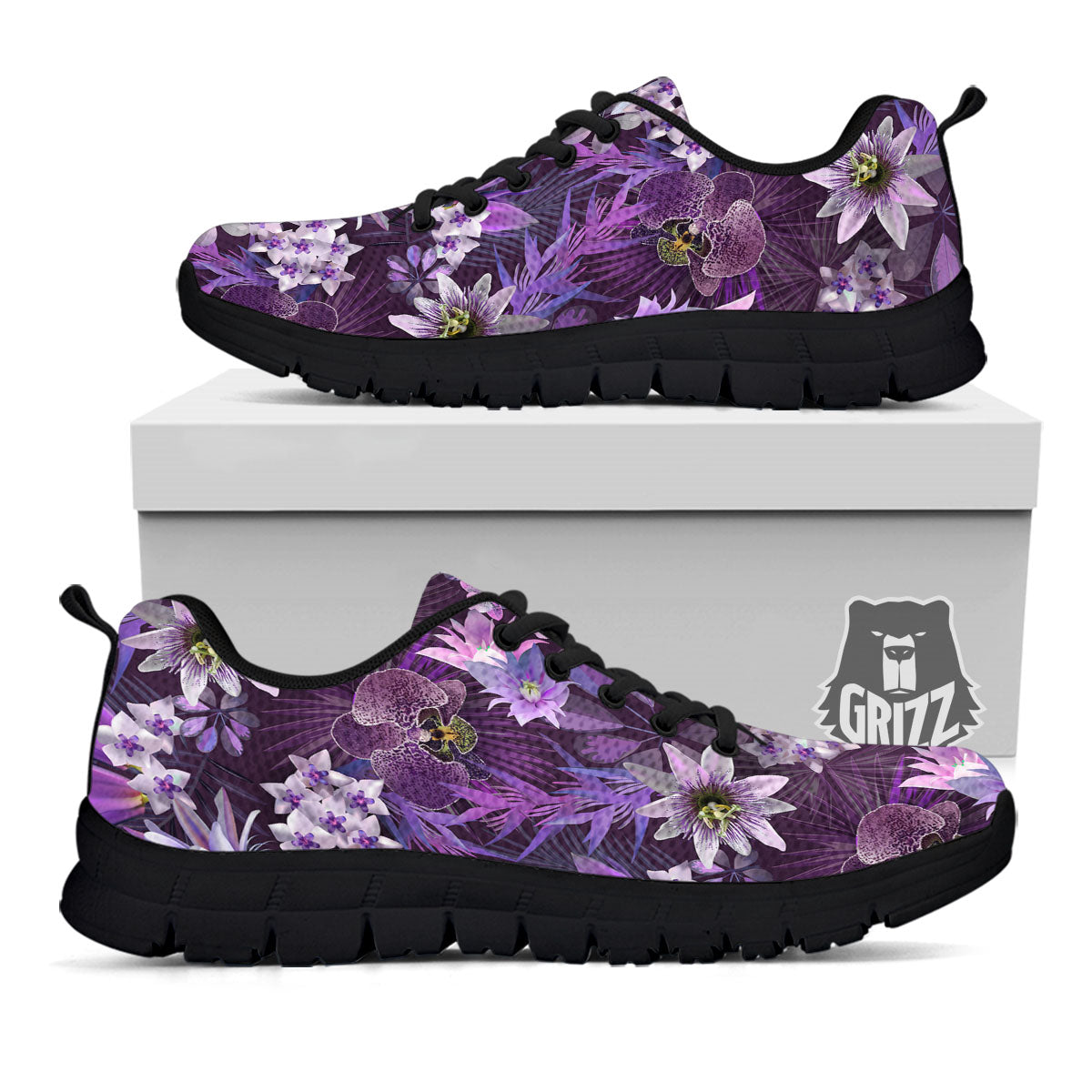 Flower Floral Purple Print Pattern Black Sneaker-grizzshop