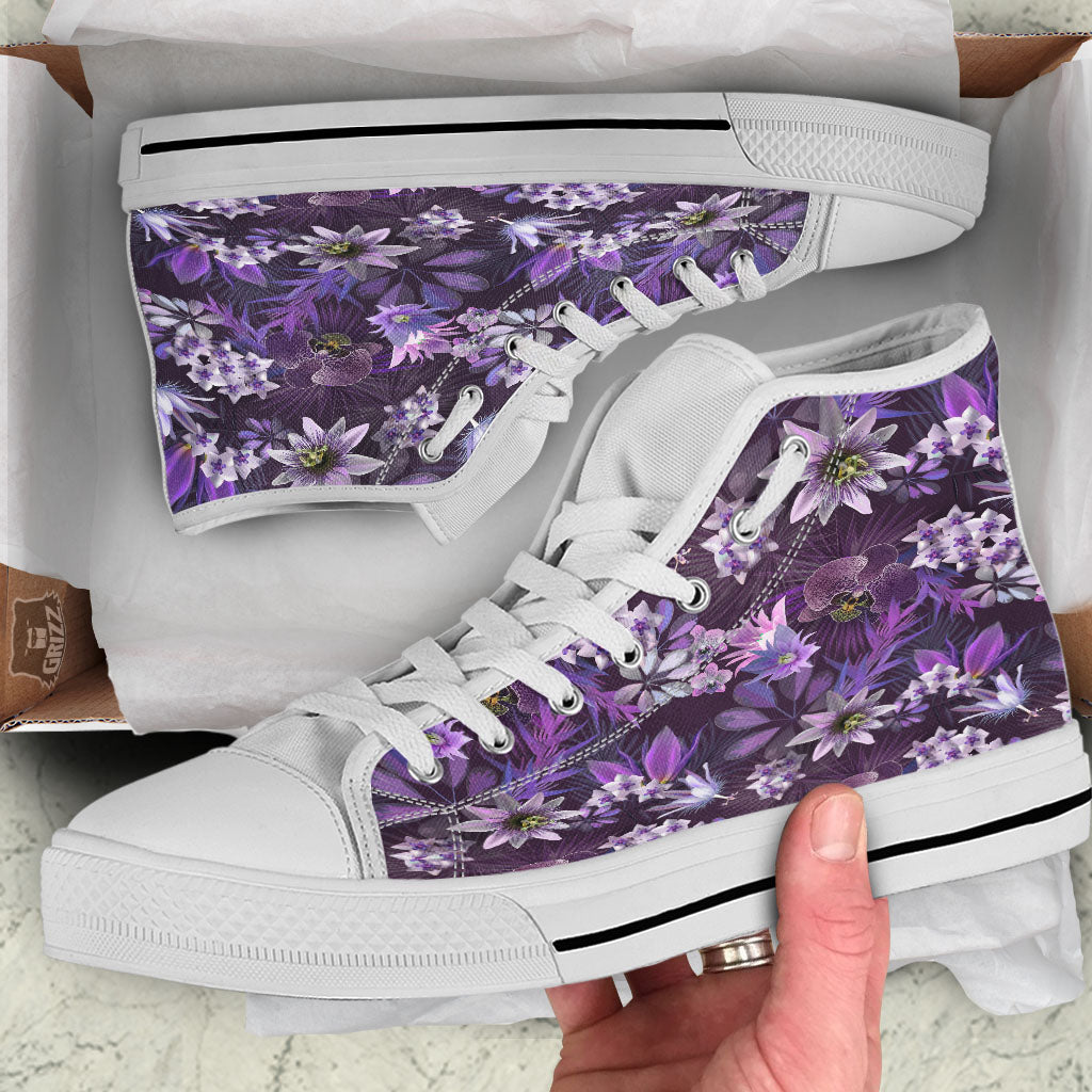 Flower Floral Purple Print Pattern White High Top Shoes-grizzshop