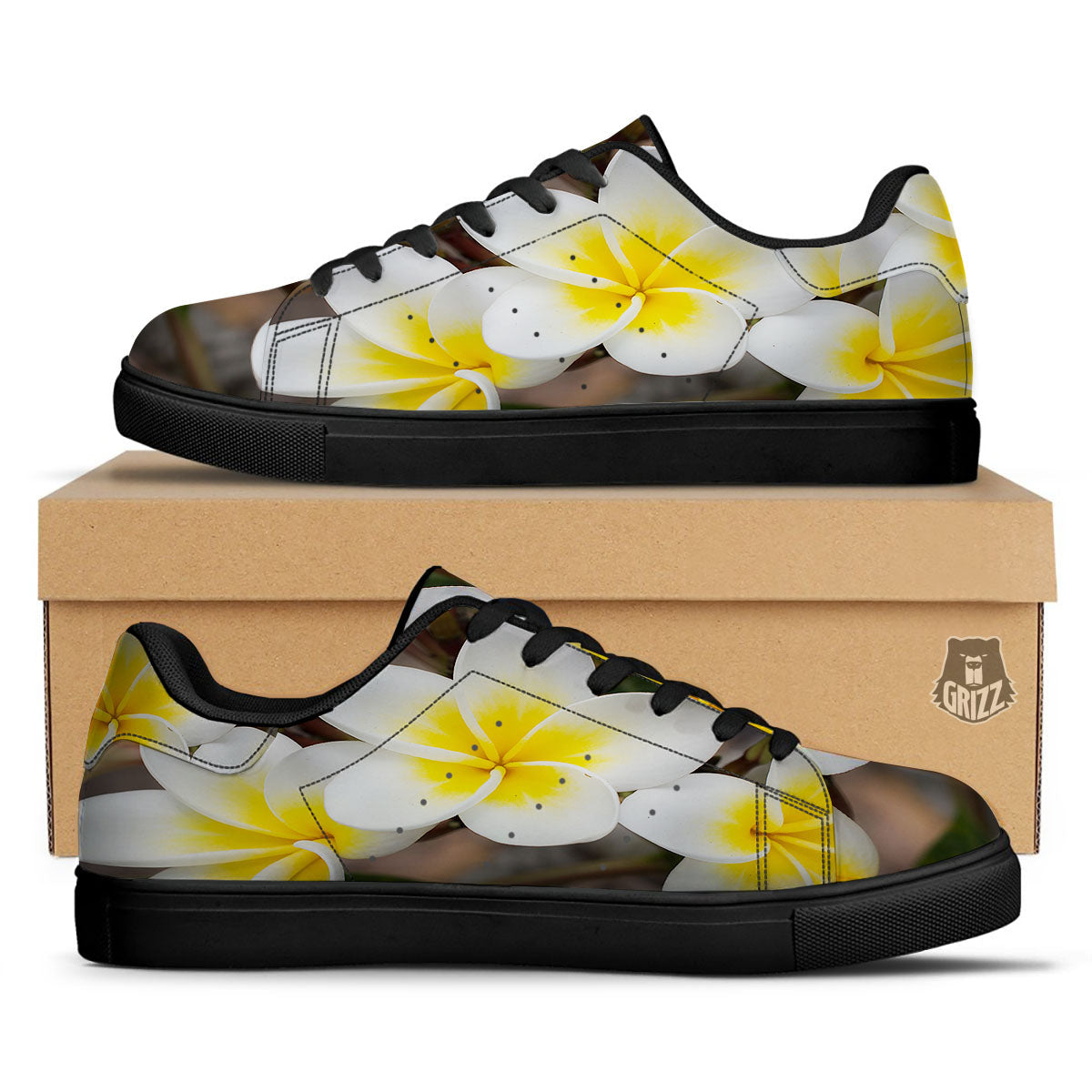 Flower Frangipani Print Black Low Top Sneakers-grizzshop