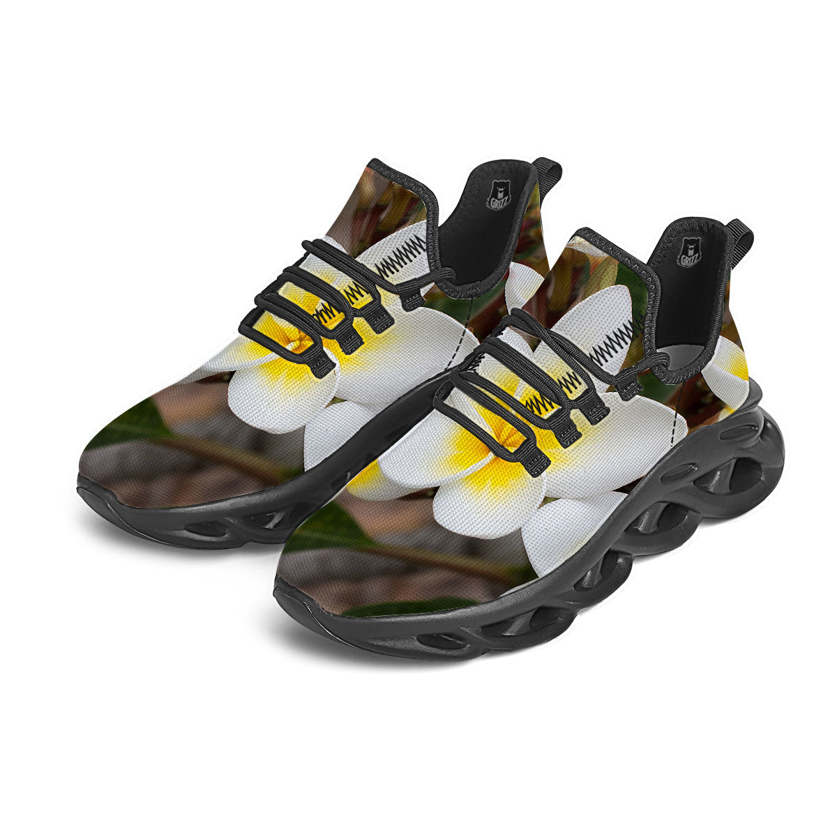 Flower Frangipani Print Black Running Shoes-grizzshop