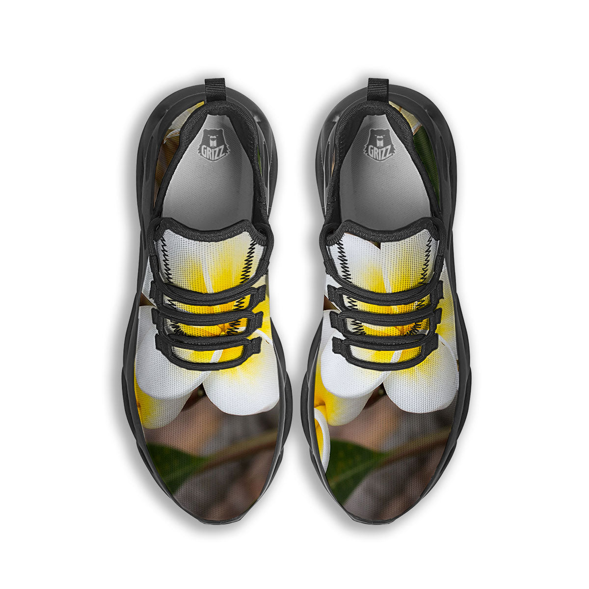 Flower Frangipani Print Black Running Shoes-grizzshop