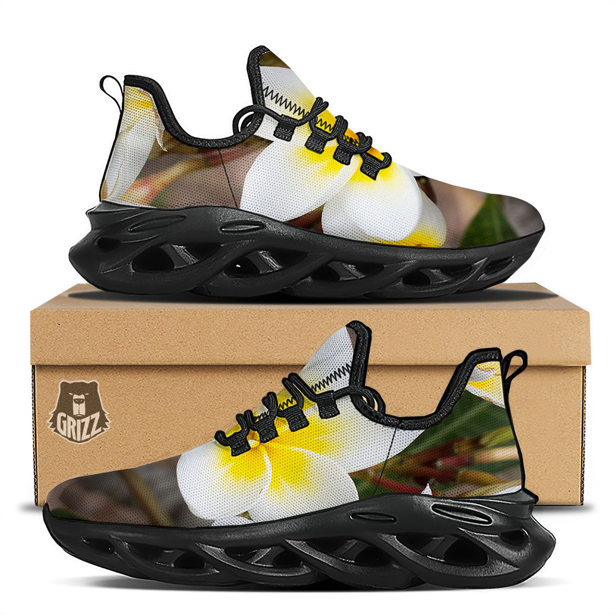Flower Frangipani Print Black Running Shoes-grizzshop