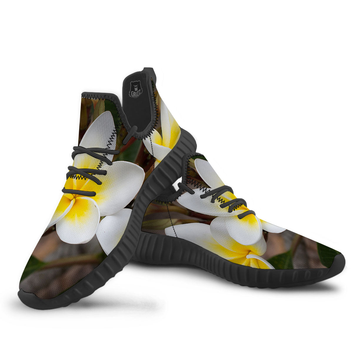 Flower Frangipani Print Black Walking Shoes-grizzshop