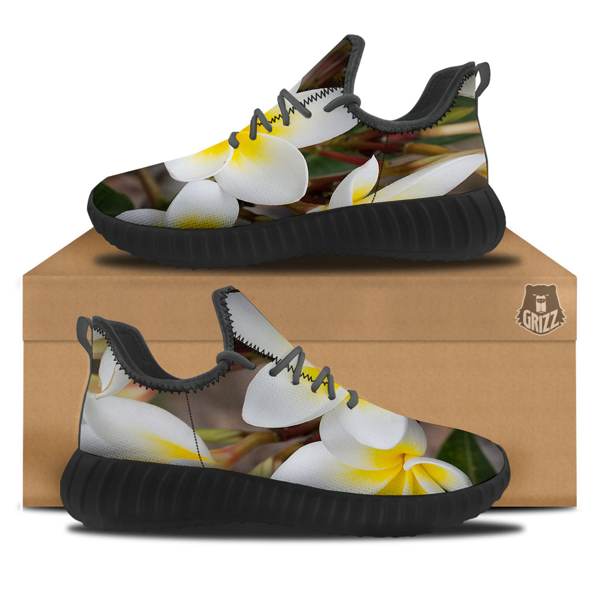 Flower Frangipani Print Black Walking Shoes-grizzshop