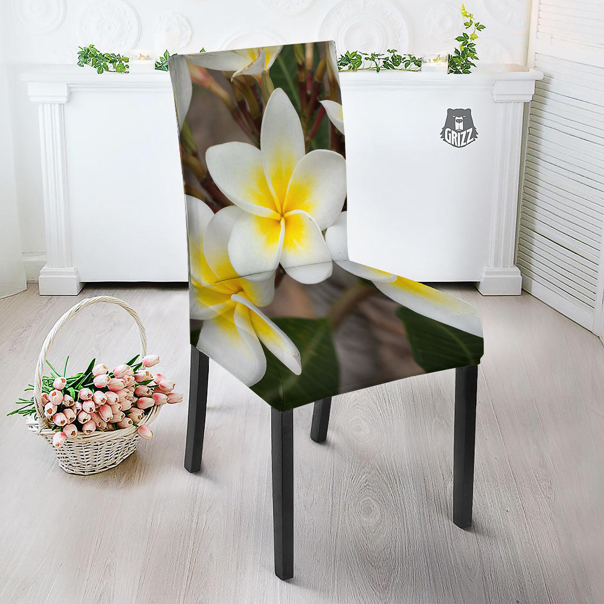 Flower Frangipani Print Dining Chair Slipcover-grizzshop