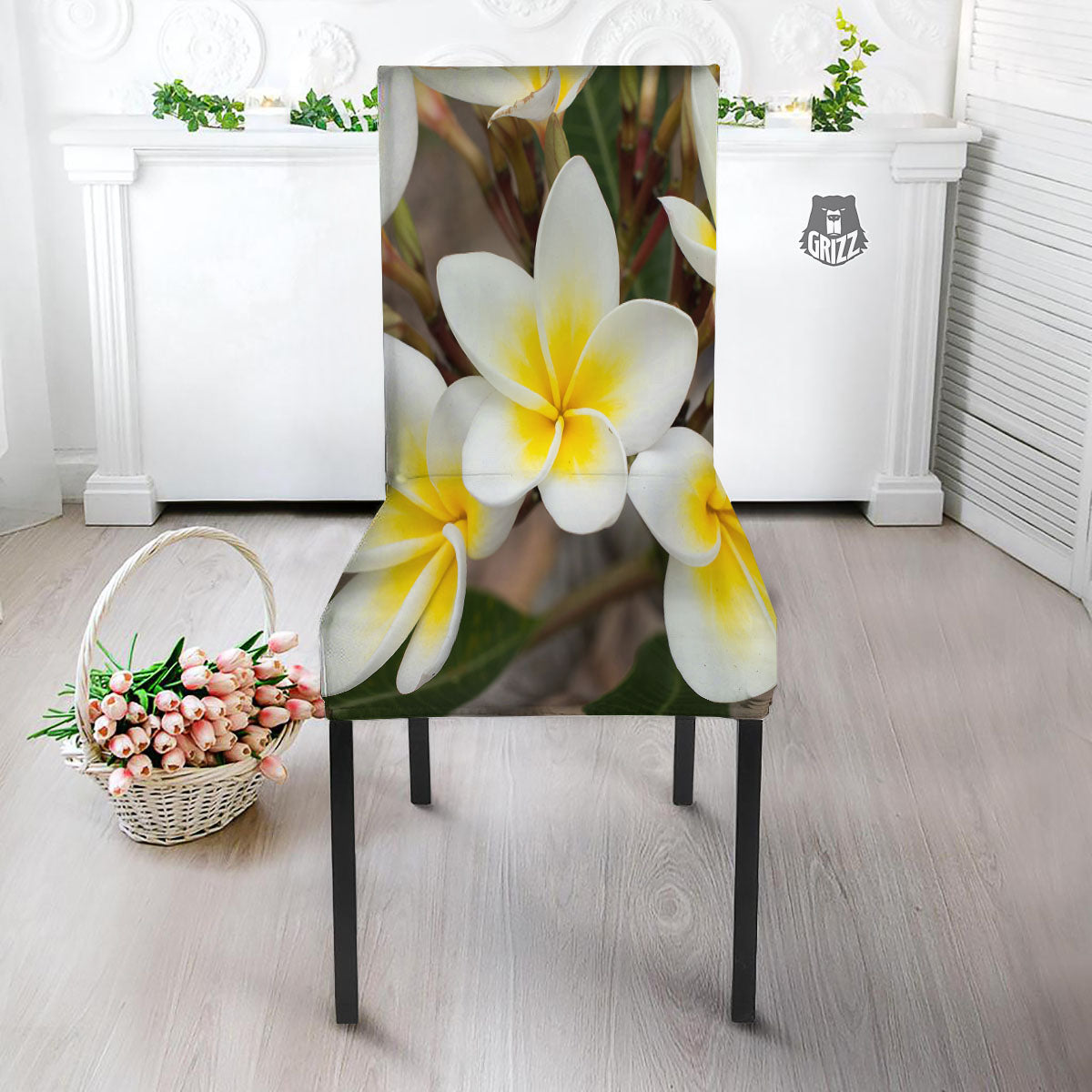 Flower Frangipani Print Dining Chair Slipcover-grizzshop