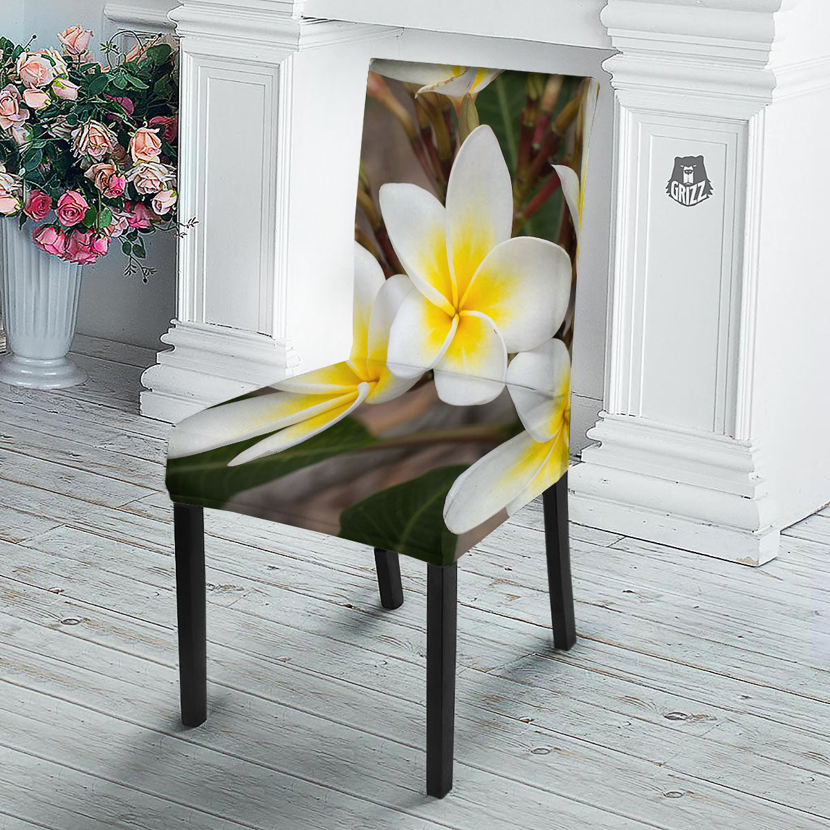Flower Frangipani Print Dining Chair Slipcover-grizzshop