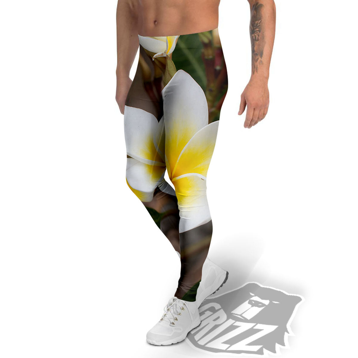 Flower Frangipani Print Men's Leggings-grizzshop