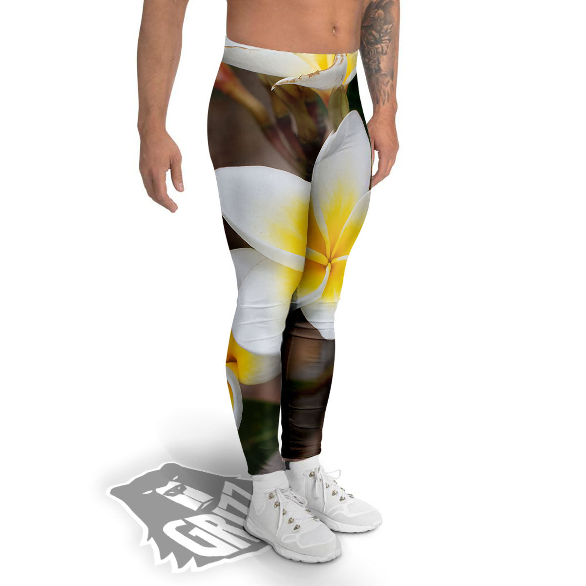 Flower Frangipani Print Men's Leggings-grizzshop